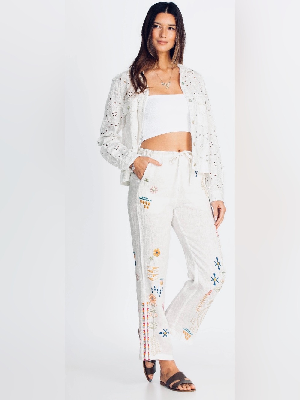 NWT Johnny Was Southwestern Floral Embroidered Linen Elektra Pants White Sz S